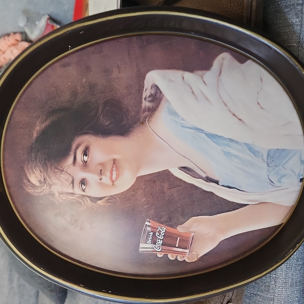 VINTAGE COCA-COLA COLLECTABLE METAL OVAL "GIRL IN BLUE DRESS DRINKING COCA-COLA